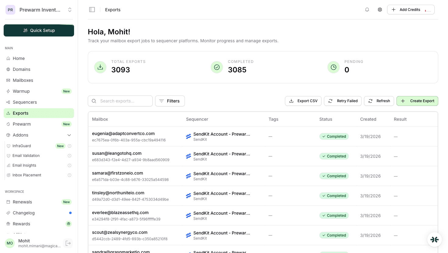 InboxKit Exports page tracking the Za-Zu push